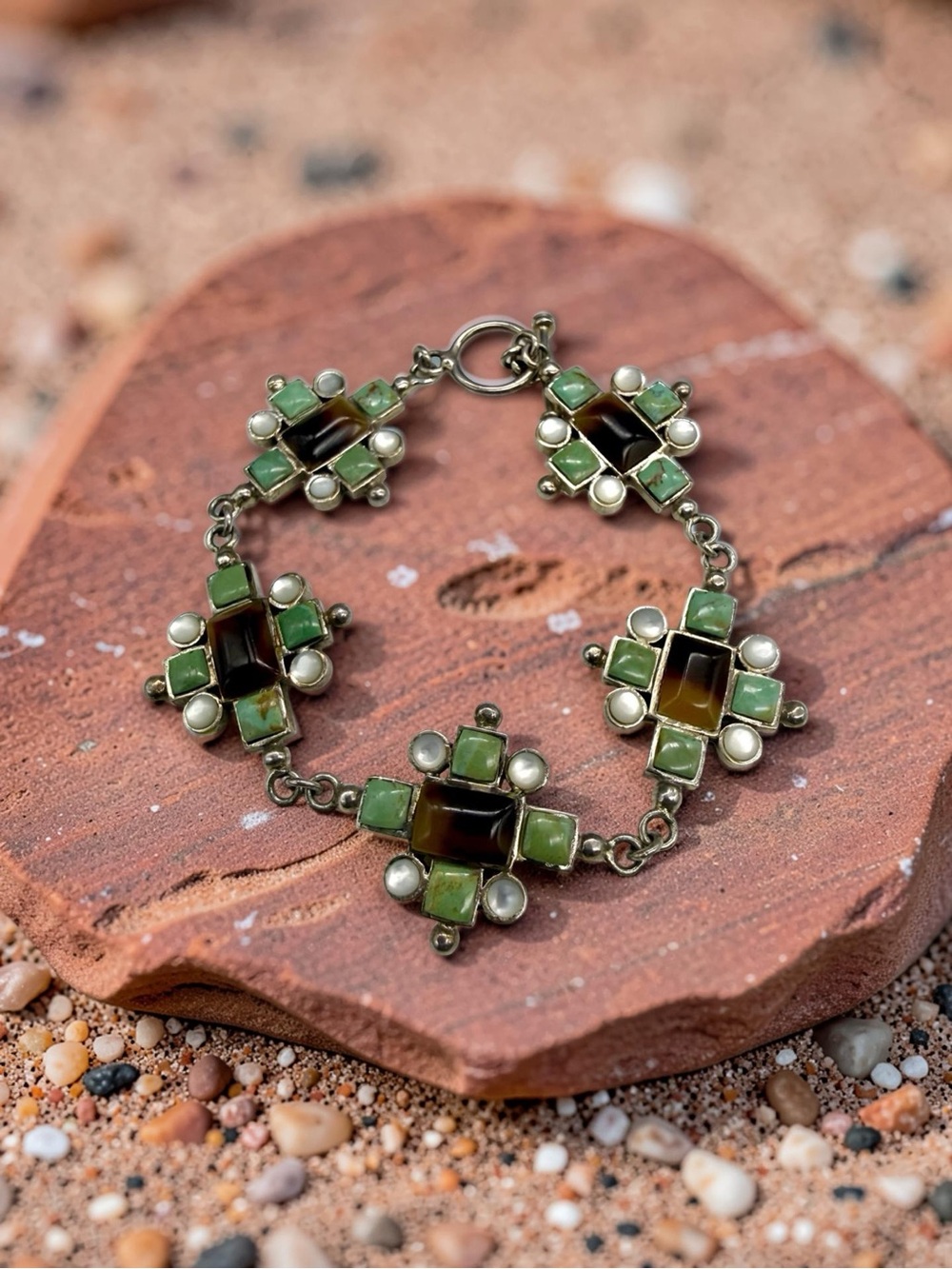 Green Turquoise Sterling Silver Link Bracelet w/ MOP Agate Accents